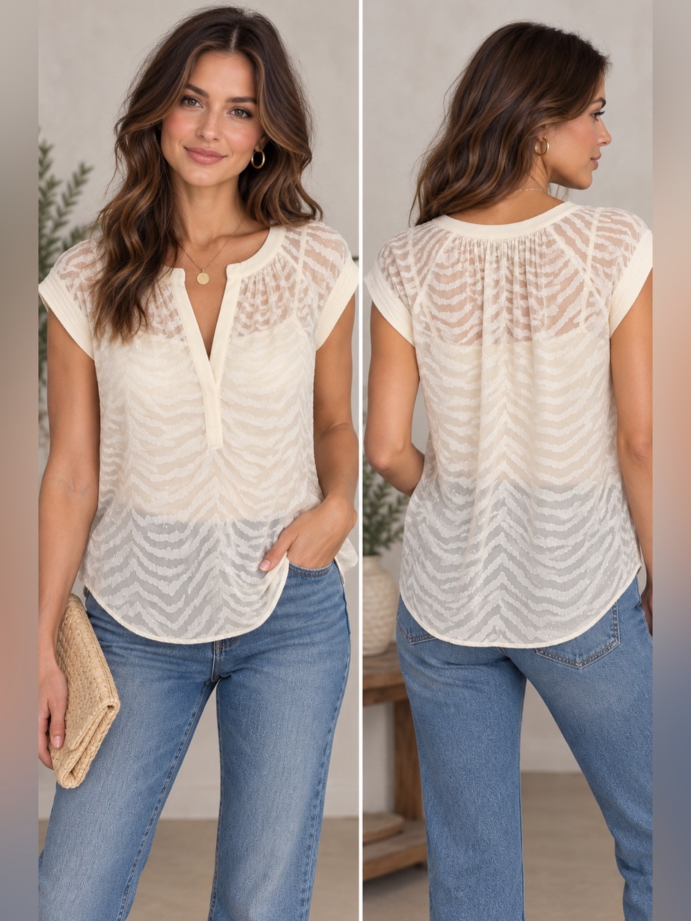 Rebecca Taylor Ivory Sheer Tonal Zebra Blouse Cap Sleeve Top Size 8